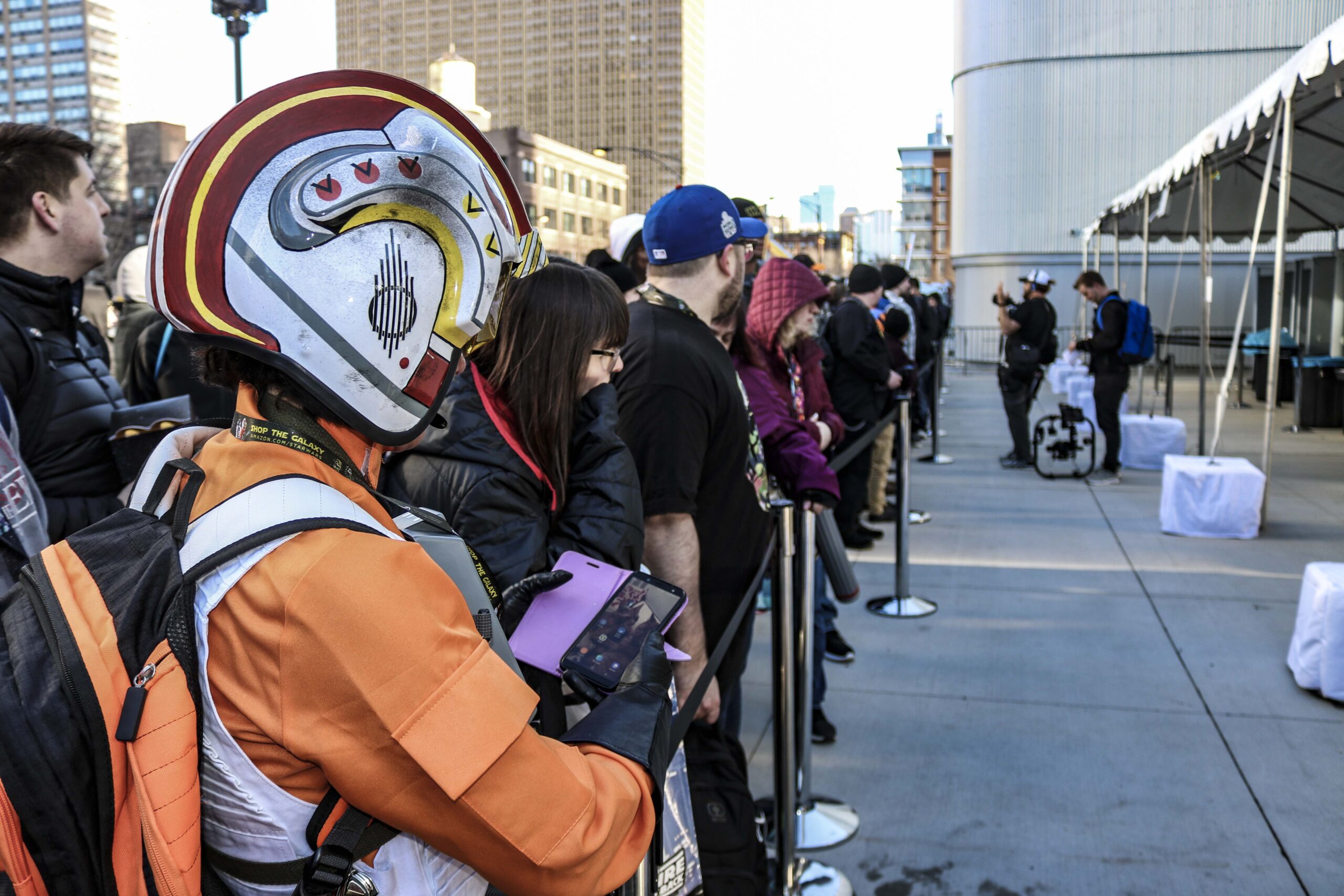 Fans eagerly await entry into Star Wars Celebration's main arena at the Wintrust Arena in Chicago.