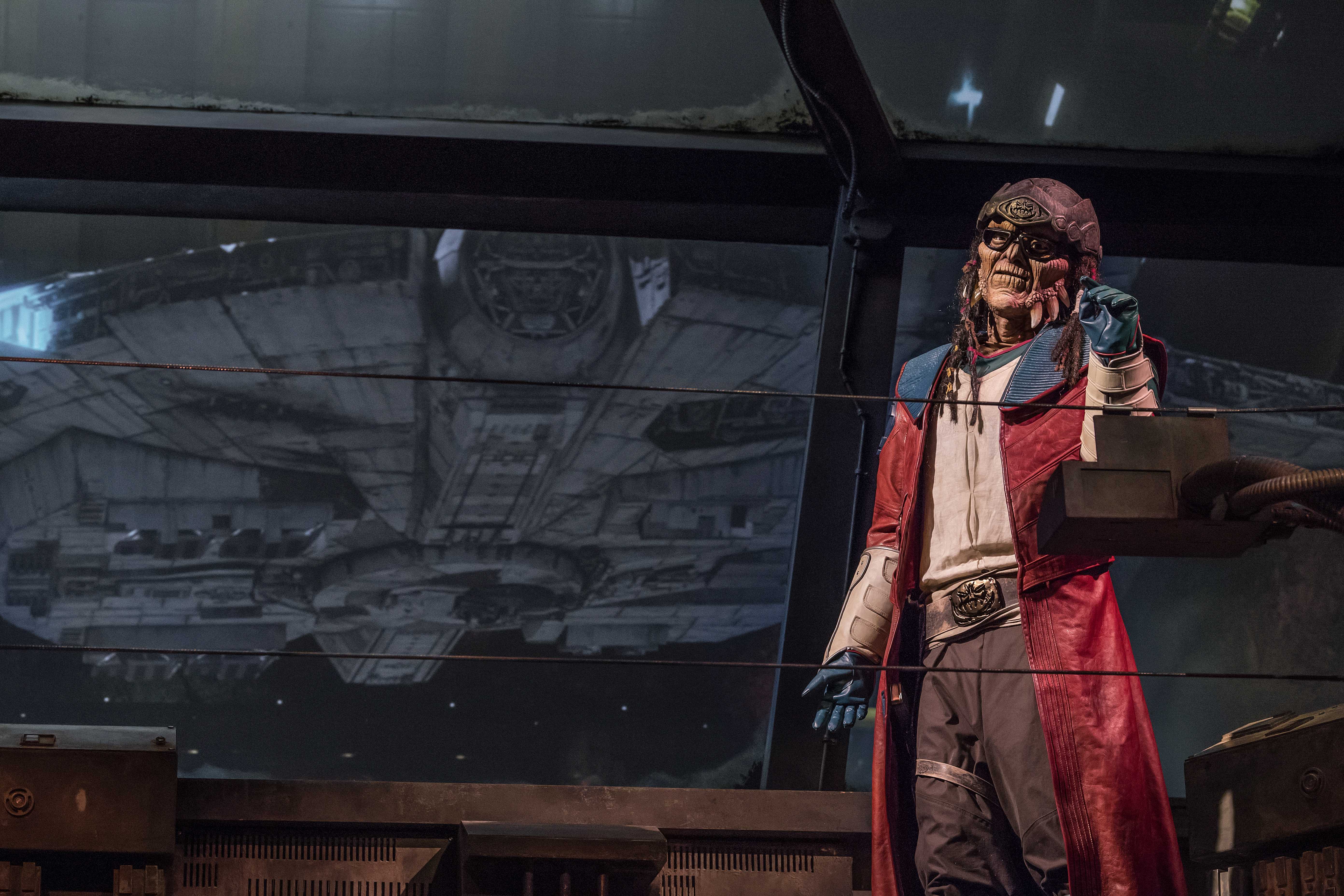 The notorious Weequay pirate, Hondo Ohnaka, gives guests their mission prior to boarding Millennium Falcon: Smugglers Run at Star Wars: Galaxy's Edge at Disneyland Park in Anaheim, California, and at Disney's Hollywood Studios in Lake Buena Vista, Florida. (Richard Harbaugh/Disney Parks)